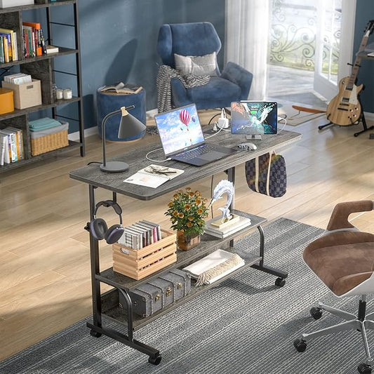 Armocity Rolling Standing Desk with Charging Station, Portable Height Adjustable Mobile Computer Desk with Wheels & 2-Tier Shelves & Hooks, Easy Assembly Laptop Table for Couch Bed, 39" Grey Oak