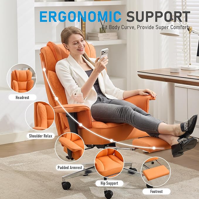 Big and Tall Office Chair, Leather Executive Ergonomic Desk Chair with Footrest, Comfy High-Back Computer Reclining Chairs with Lumbar Support (Orange)