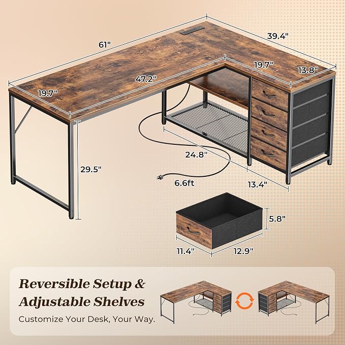 PRAISUN 61" L Shaped Desk with Power Outlets & USB-C Port, Reversible Computer Corner Office Desk with 4 Fabric Drawers and 2 Storage Shelves, Large Desk for Gaming Writing Study, Rustic Brown