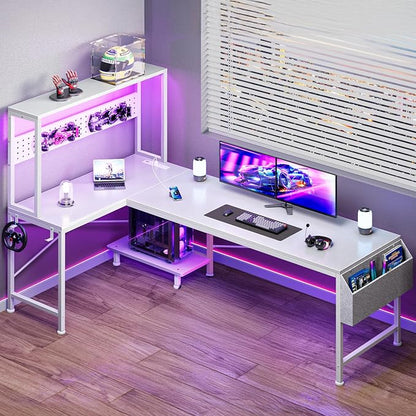 PRAISUN L Shaped Gaming Desk with LED Lights & Power Outlets, Reversible Computer Desk with Storage Shelves & Bag, Large Corner Home Office Desk with Pegboard for Work from Home, White