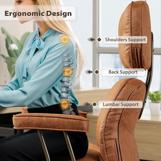 HOOOWOOO Ergonomic Office Chair,Mid Century Modern Computer Desk Chair,Comfy Executive Chair with Extra Wide Tufted Cloudy Seat Lumbar Support High Reclining Back,Suede Leather Cognac Brown