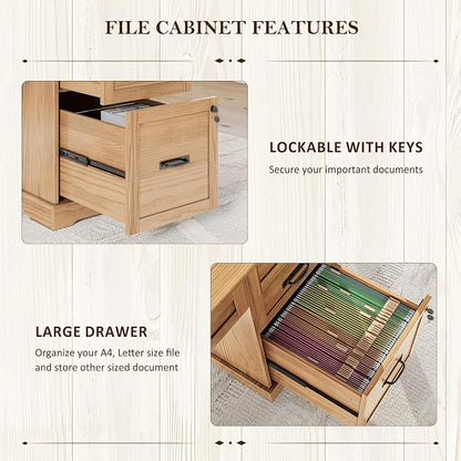 Whalefall 67'' Farmhouse L-Shaped Desk with Drawers for Home Office, Walnut | Computer Corner Desk with File Cabinet and Charging Station, Large Executive L Desk with Locking Drawers Storage