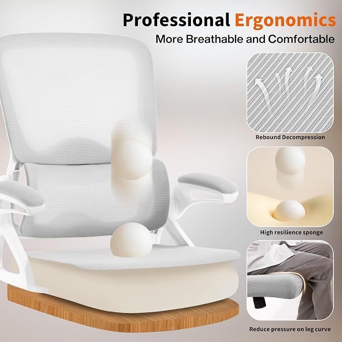 Ergonomic Office Chair,Mesh Office Chair with Lumbar Support,Mid Back Desk Chair with Flip-up Arms,400 lbs Comfy Computer Chair for Home Office (Off-White Gray)