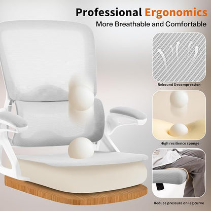 Ergonomic Office Chair,Mesh Office Chair with Lumbar Support,Mid Back Desk Chair with Flip-up Arms,400 lbs Comfy Computer Chair for Home Office (Off-White Gray)