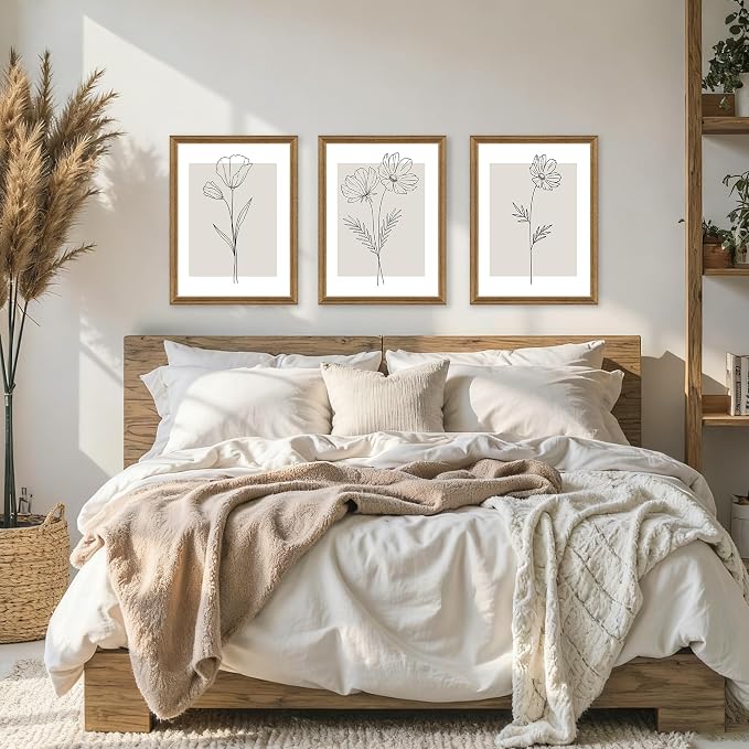 ICHZUMW Neutral Botanical Floral Wall Art, Black and White Farmhouse Flowers Wall Decor, Modern Minimalist Line Art Canvas Prints, Beige Artwork, Living Room Bedroom Home Office, Set of 3, 16x24in