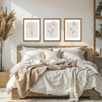 ICHZUMW Neutral Botanical Floral Wall Art, Black and White Farmhouse Flowers Wall Decor, Modern Minimalist Line Art Canvas Prints, Beige Artwork, Living Room Bedroom Home Office, Set of 3, 16x24in