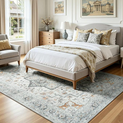 Lofus 5x7 Washable Rugs Non-Slip, Vintage Floral Area Rug for Living Room Bedroom Dining Room Kitchen, Low Pile Distress Print Carpet Home Decor Rug, Octagram Medallion Grey Beige