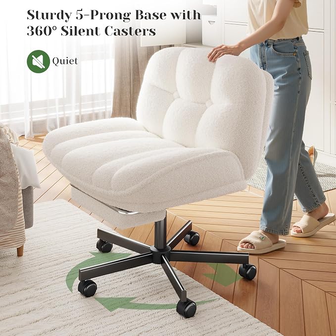 DurayLoly Cross Legged Office Chair with Foot Rest, 6.3" Thick Cushioned Criss Cross Chair with Wheels, Height Adjustable Swivel Vanity Chair for All-Day Comfort (White)