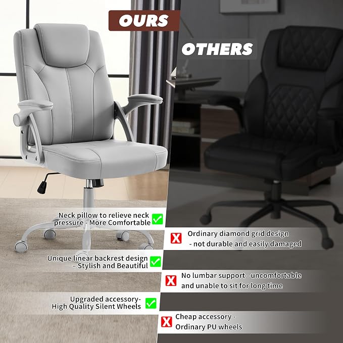 Executive Office Chair, Ergonomic PU Leather Computer Chairs, Executive Breathable Desk Chair with Padded Flip-Up Arms, 360° Swivel Rolling Chair Comfy Padded for Working Studying Gaming (Gray)