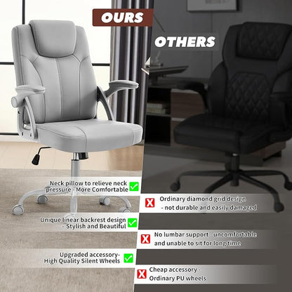 Executive Office Chair, Ergonomic PU Leather Computer Chairs, Executive Breathable Desk Chair with Padded Flip-Up Arms, 360° Swivel Rolling Chair Comfy Padded for Working Studying Gaming (Gray)