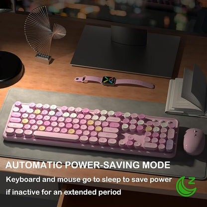 Links9+ Wireless Keyboard and Mouse, Full-Size Retro Typewriter Keyboard with Round Keycaps, 2.4GHz for Windows, Mac, Laptop, PC, Desktop (Pink Colorful)