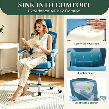 Ergonomic Office Chair with Footrest, High Back Home Desk Computer Chair with Lumbar Support & Headrest, 90-135° Reclining Mesh Back with Wheels for Work, Gaming, Blue