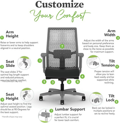 HON Ignition 2.0 ReActiv Ergonomic Office Chair, Mesh Desk Chair with Lumbar Support, Advanced Synchro‑Tilt, Height and Width Adjustable Arms, Swivel Wheels, Titanium Frame, Black