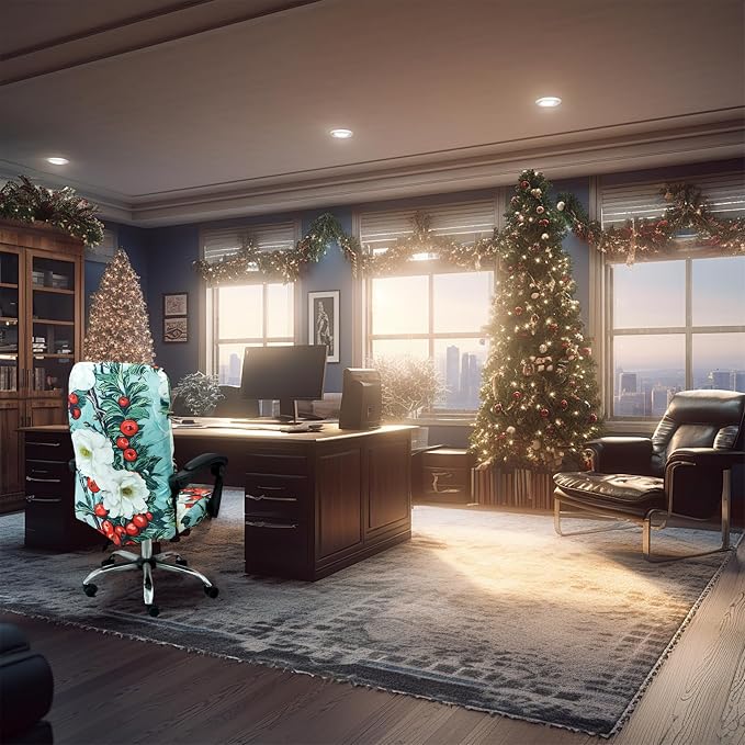 Christmas Office Chair Cover Green,Printed Elk,pinecone,Xmas tree,Snowflake,Jingle bell Stretch Computer Chair Cover Universal Removable Washable Anti-Dust Chair Slipcover with Zipper (L,Christmas-10)