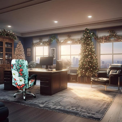 Christmas Office Chair Cover Green,Printed Elk,pinecone,Xmas tree,Snowflake,Jingle bell Stretch Computer Chair Cover Universal Removable Washable Anti-Dust Chair Slipcover with Zipper (L,Christmas-10)