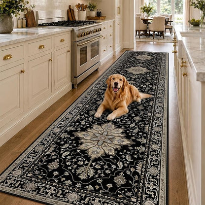 RELEANY Area Rugs Runner 3'x12' Washable Non-Slip, Floral Vintage Distress Medallion Carpet for Kitchen Hallway Bedroom Beside Laundry Room Bathroom, Black Brown Neutral Dark Tan