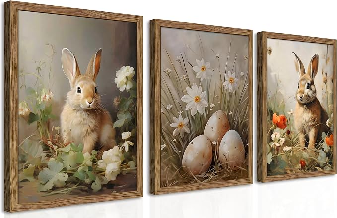 Vintage Easter Bunny Wall Art Set of 3, Spring Easter Rabbit Eggs Canvas Wall Decor Paintings, Rustic Farmhouse Animal Artwork Prints Pictures for Living Room Bedroom Bathroom 16x24 Inch Framed