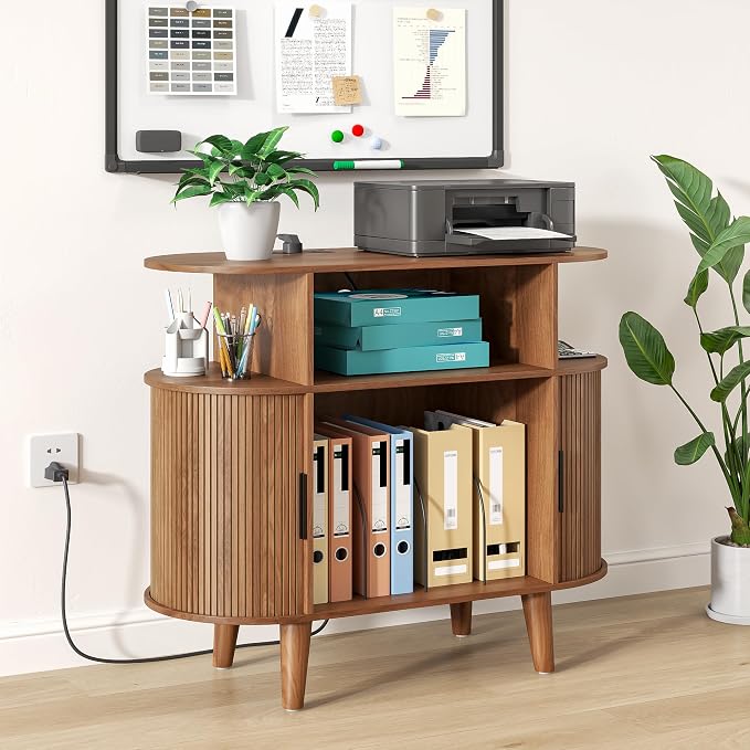 Fiogmub Round Printer Stand with Charging Station & USB Ports, 35.4 x15.7 x 30 Inches Large Printer Table 3 Tier with Storage Shelf for Home Office (Walnut)
