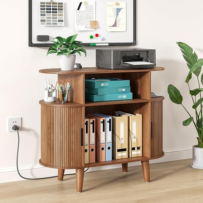 Fiogmub Round Printer Stand with Charging Station & USB Ports, 35.4 x15.7 x 30 Inches Large Printer Table 3 Tier with Storage Shelf for Home Office (Walnut)