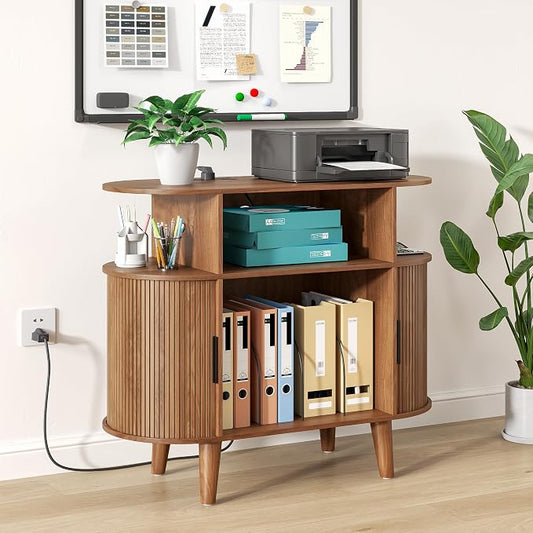 Fiogmub Round Printer Stand with Charging Station & USB Ports, 35.4 x15.7 x 30 Inches Large Printer Table 3 Tier with Storage Shelf for Home Office (Walnut)