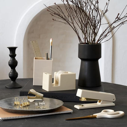 Aesthetic Desk Accessories Set - A Complete Desktop Organizer Set For Women Enhances Any Office Decor - An Office Supplies Kit w Gold Finish incl. Pen Holder, Scissors, Stapler, Tape Dispenser & More