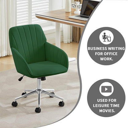 Velvet Home Office Desk Chair, Modern Cute Computer Task Chair with Back, Height Adjustable Upholstered Vanity Chair with Swivel Wheels for Women, Girls (Silver Base, Green