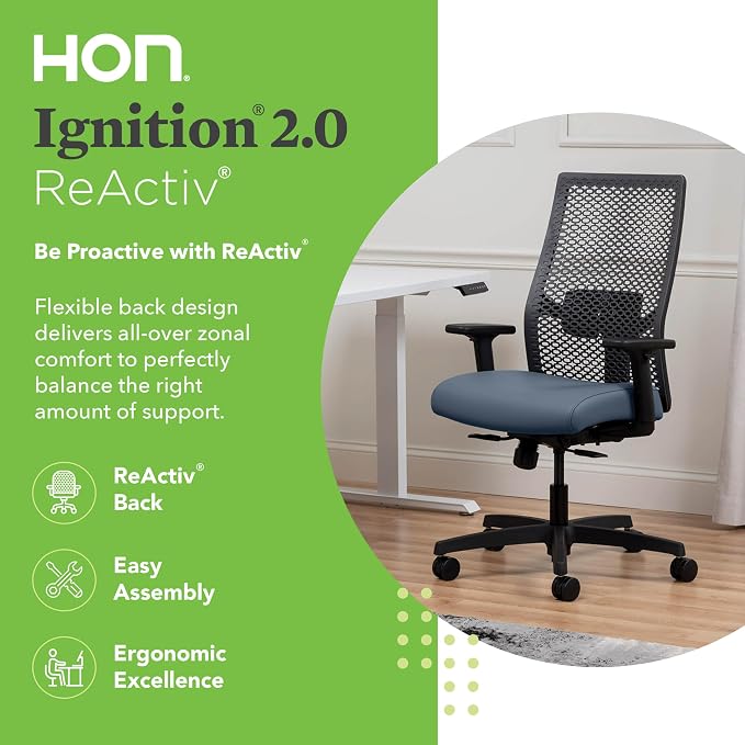 HON Ignition 2.0 ReActiv Ergonomic Office Chair, Mesh Desk Chair with Lumbar Support, Synchro‑Tilt Recline, Height and Width Adjustable Arms, Swivel Wheels, Black Frame, Ocean