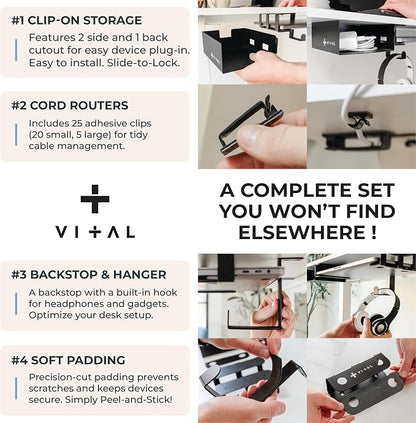 VI+AL Under Desk Laptop Mount - Hidden Metal Shelf with Side Storage, Hook & Cable Organizer - Installs with Tape & Screws - Fits Devices up to 1.7" Thick - Deluxe