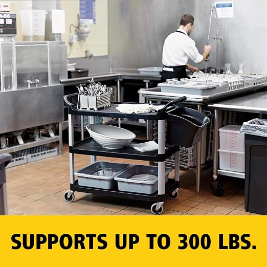 Rubbermaid Commercial Products Heavy Duty 3-Shelf Rolling Service/Utility/Push Cart, 300 lbs. Capacity, Black, for Restaurant/Cleaning/Office use (FG409100BLA)