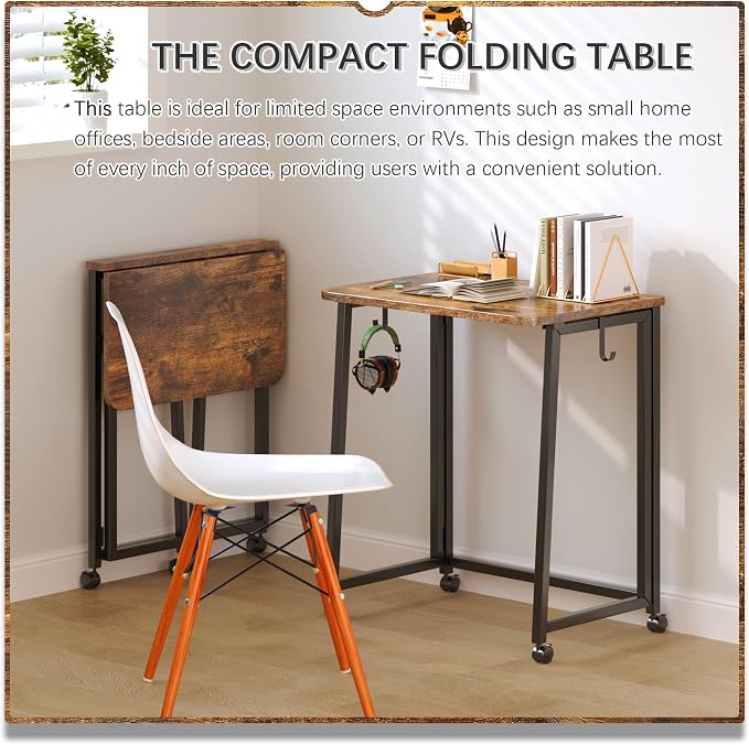 4NM 23.6" Mobile Small Folding Desk, Foldable Rolling Computer Home Office Desk, Study Writing Table for Small Space Saving Bedroom, with Wheels - Rustic Brown and Black