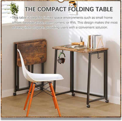 4NM 23.6" Mobile Small Folding Desk, Foldable Rolling Computer Home Office Desk, Study Writing Table for Small Space Saving Bedroom, with Wheels - Rustic Brown and Black