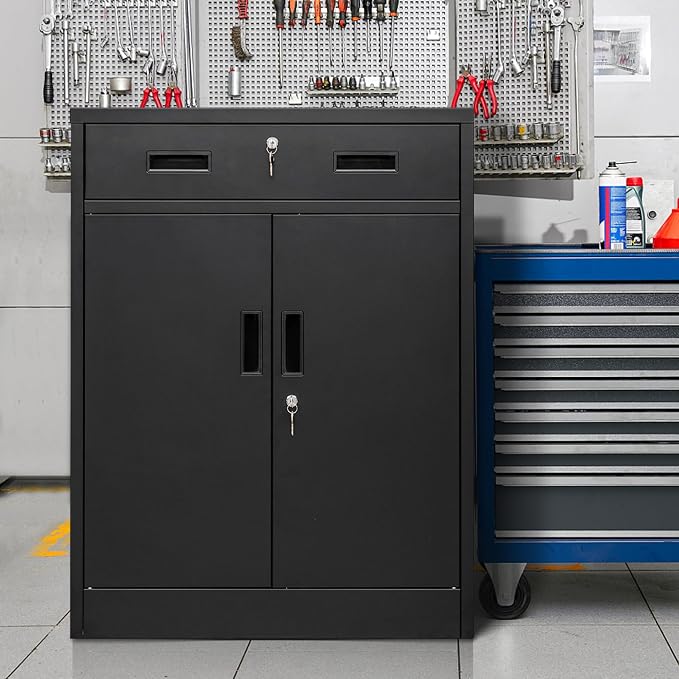 CMY Metal Storage Cabinet, Locking Storage Cabinet with 1 Drawer and Adjustable Shelf, 36" H x 28" W x 16" D Metal Cabinets for Office, Garage, Home-Black