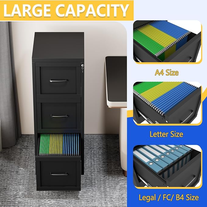 GAIOUS Metal Vertical File Cabinet with Lock, Home Office 3 Drawer Cabinet | 3 Drawer Filing Cabinet, Beside Desk File Cabinet, Black Lockable Storage Cabinet, Fits Letter/Legal/A4 Size