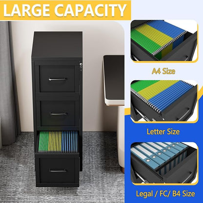 GAIOUS Metal Vertical File Cabinet with Lock, Home Office 3 Drawer Cabinet | 3 Drawer Filing Cabinet, Beside Desk File Cabinet, Black Lockable Storage Cabinet, Fits Letter/Legal/A4 Size