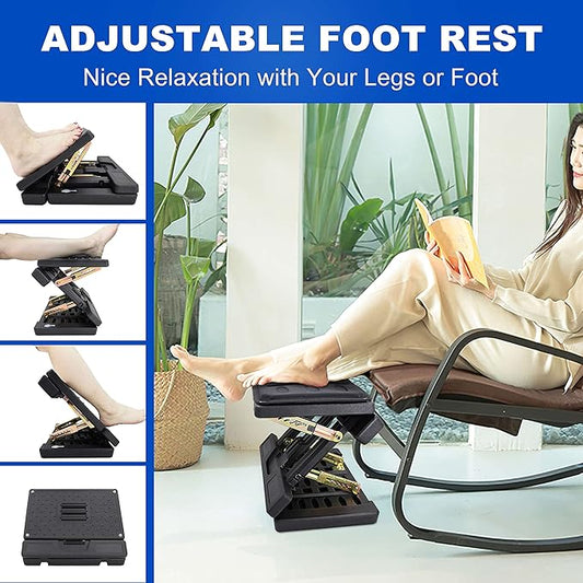 Under Desk Footrest - Detachable Memory Foam Cushion & Massage Roller, Tool-Free Height & Angle Adjustable Foot Stool, Ergonomic Leg Rest for Office, Home & Gaming Comfort, (Black Plus)