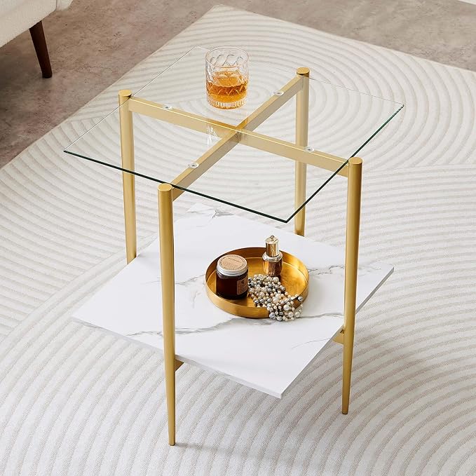 LumFurn Square Glass End Table, Mid-Century Modern Design Sofa Table, for Living Room, L18 x W18 x H23, Clear Glass Top and White Marble MDF Shelf, Sleek Conical Metal Legs with Gold Finish