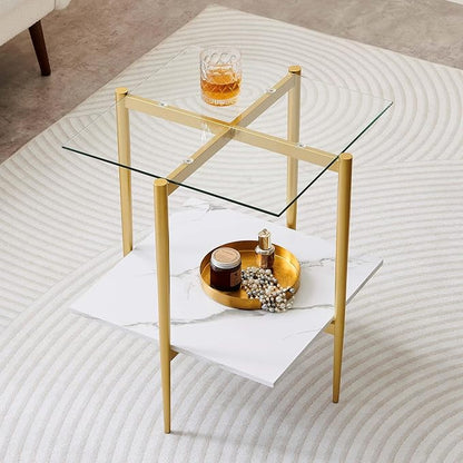 LumFurn Square Glass End Table, Mid-Century Modern Design Sofa Table, for Living Room, L18 x W18 x H23, Clear Glass Top and White Marble MDF Shelf, Sleek Conical Metal Legs with Gold Finish
