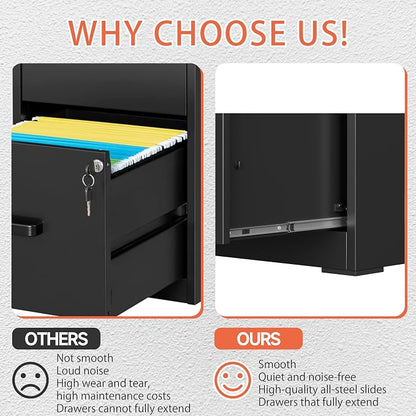 Metal Filing Cabinet With Lock, Vertical 2 Drawer Cabinet for Home Office/Legal/Letter/A4, Lockable for Hanging Files - Assembly Required/Black
