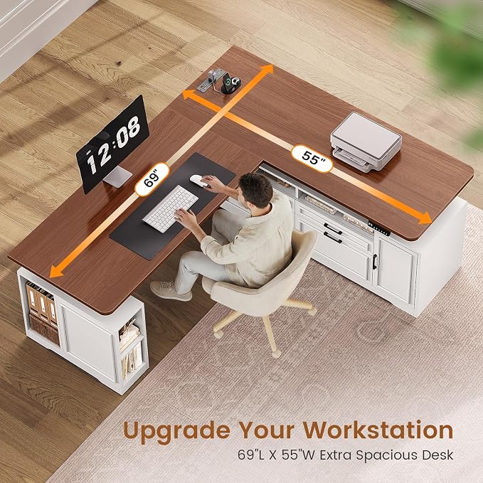 SEDETA Farmhouse L Shaped Electric Standing Desk, 69" x 55" Height Adjustable Office Executive Desk with 4 Drawers and Storage Shelves, Sit Stand Computer Desk with Power Outlet, White and Brown