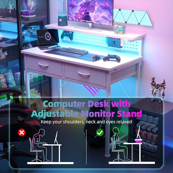 MUTUN Small Desk with Drawers, 31 Inch Computer Desk with Power Outlet & LED Light, Gaming Desk with Adjustable Monitor Stand & Pegboard, Modern PC Study Writing Table for Bedroom, White