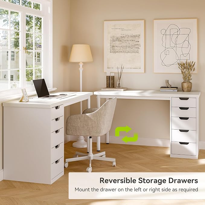 LITTLE TREE Computer Desk with 5 Drawers, 47 Inch White Modern Simple Study Writing Desk with Metal Frame, Work Desk for Home Office