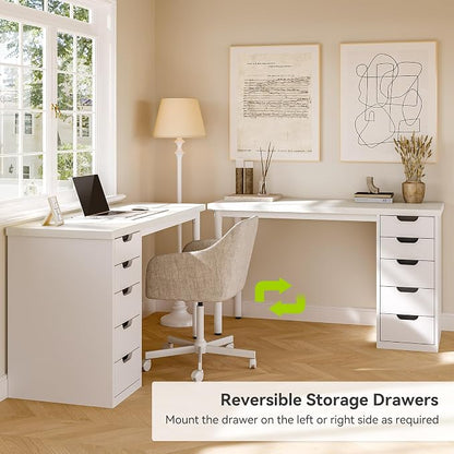 LITTLE TREE Computer Desk with 5 Drawers, 47 Inch White Modern Simple Study Writing Desk with Metal Frame, Work Desk for Home Office