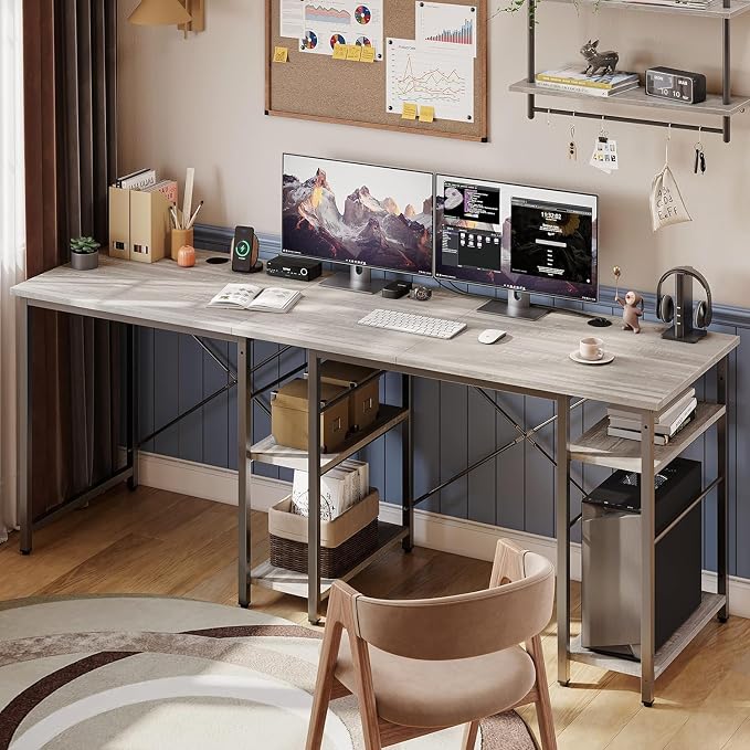 Bestier L Shaped Desk with Shelves 75 Inch Reversible Corner Computer Desk or 2 Person Long Table, Writing Study Desk for Home Office Small Space Bedroom Apartment, Wash White