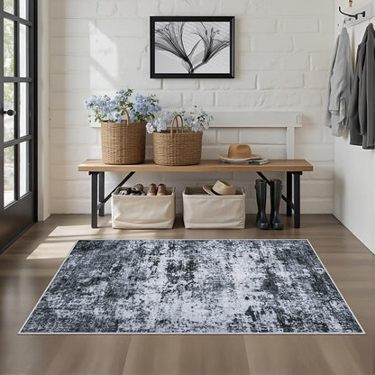 Washable Area Rug 3x5 Entryway Rug: Washable Modern Abstract Soft Thin Rug Indoor Floor No Slip Stain Resistant Carpet for Bedroom Dining Room Farmhouse Nursery Home Office - Black