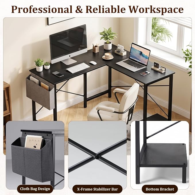 Alpen L Shaped Desk, 50 Inch Computer Desk, Gaming Table Corner Desk for Small Space, Home Office Desk with CPU Stand and Side Storage Bag, Sturdy Writing Workstation for Bedroom, Black