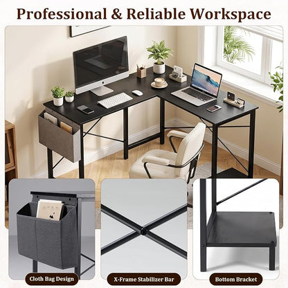 Alpen L Shaped Desk, 50 Inch Computer Desk, Gaming Table Corner Desk for Small Space, Home Office Desk with CPU Stand and Side Storage Bag, Sturdy Writing Workstation for Bedroom, Black