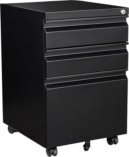 Fesbos 3 Drawer Mobile Metal File Cabinet, Black Filling Cabinets with Lock, Pre-Built Office Storage File Cabinet with Wheels Under Desk - Assembled Required