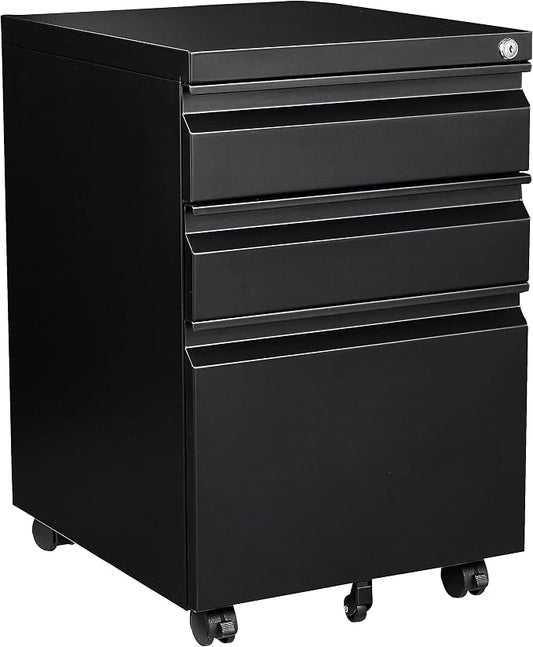Fesbos 3 Drawer Mobile Metal File Cabinet, Black Filling Cabinets with Lock, Pre-Built Office Storage File Cabinet with Wheels Under Desk - Assembled Required