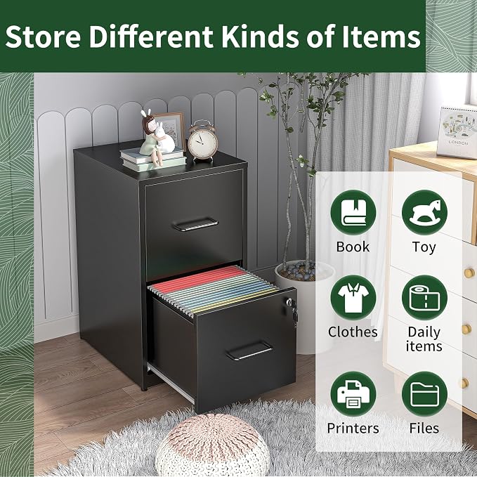2 Drawer File Cabinet with Lock, Metal Vertical Filing Cabinet, Filing Cabinets for Home Office, Locking File Cabinet Hanging Files for A4/ Legal/Letter, Require Assembly, Black