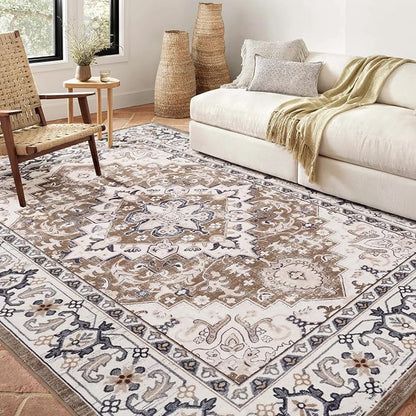 Lofus 4x6 Area Rugs for Living Room, Washable Area Rug, Rugs for Bedroom, Kitchen, Vintage Boho Carpet, Soft Non-Slip, Low Pile Large Area Rug for Office Dining Room, Floral Brown